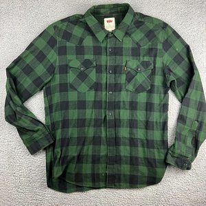 Levi’s Plaid Flannel Button Up Shirt Western Mens Size XL Green Long Sleeves